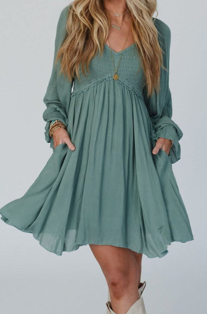 Tyllith Smocked Ruffled Bubble Sleeve Flowy Short Dress - Rebel Nomad