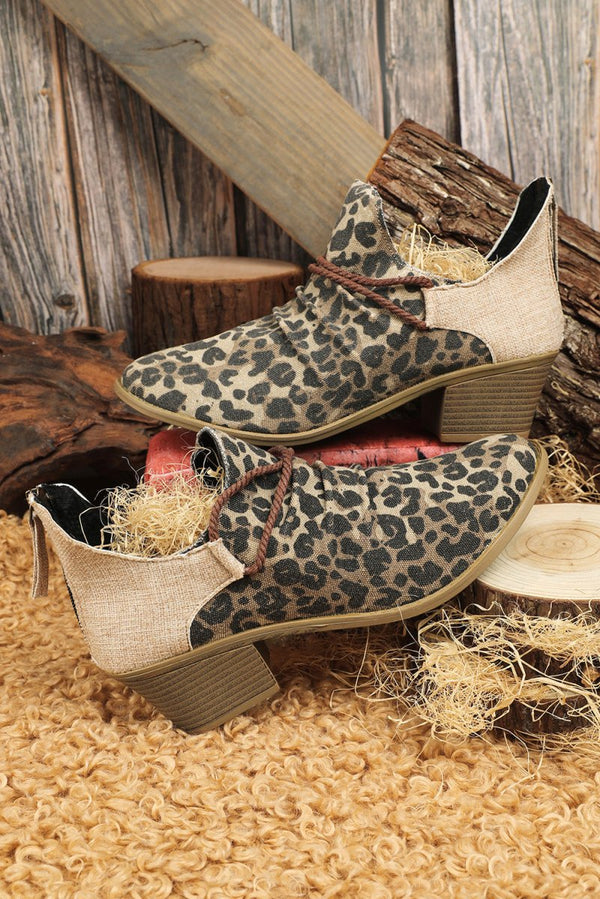 Tyra Leopard Retro Canvas Patchwork Chunky Heel Booties - Rebel Nomad