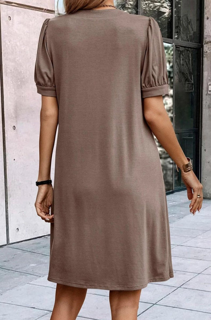 Ulalia Notched Neck Pleated Puff Sleeve Shift T-shirt Dress - Rebel Nomad