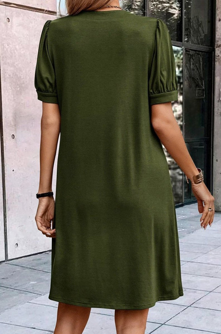 Ulalia Notched Neck Pleated Puff Sleeve Shift T-shirt Dress - Rebel Nomad