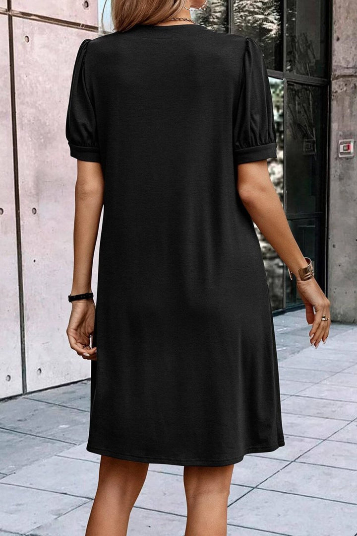 Ulalia Notched Neck Pleated Puff Sleeve Shift T-shirt Dress - Rebel Nomad