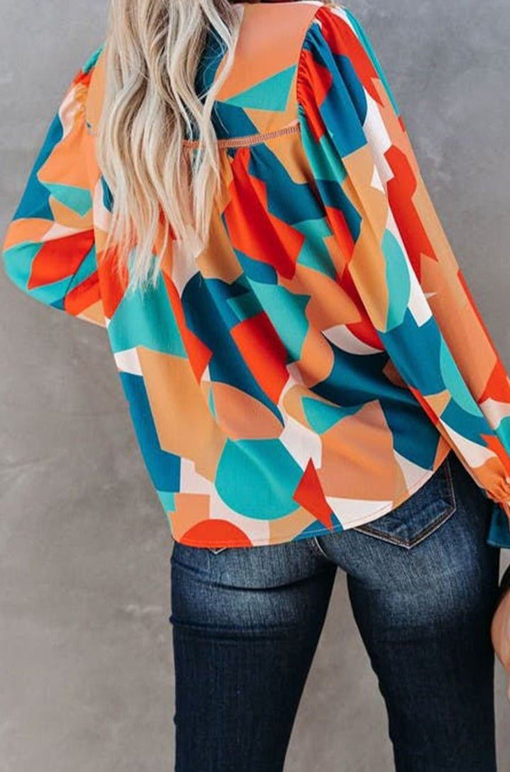 Uliana Abstract Pattern Crewneck Ruffled Puff Sleeve Blouse - Rebel Nomad