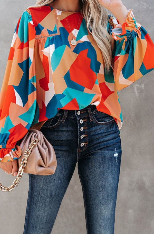 Uliana Abstract Pattern Crewneck Ruffled Puff Sleeve Blouse - Rebel Nomad