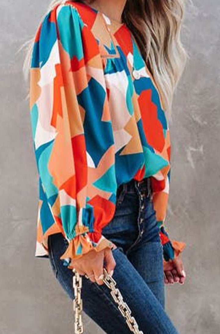 Uliana Abstract Pattern Crewneck Ruffled Puff Sleeve Blouse - Rebel Nomad