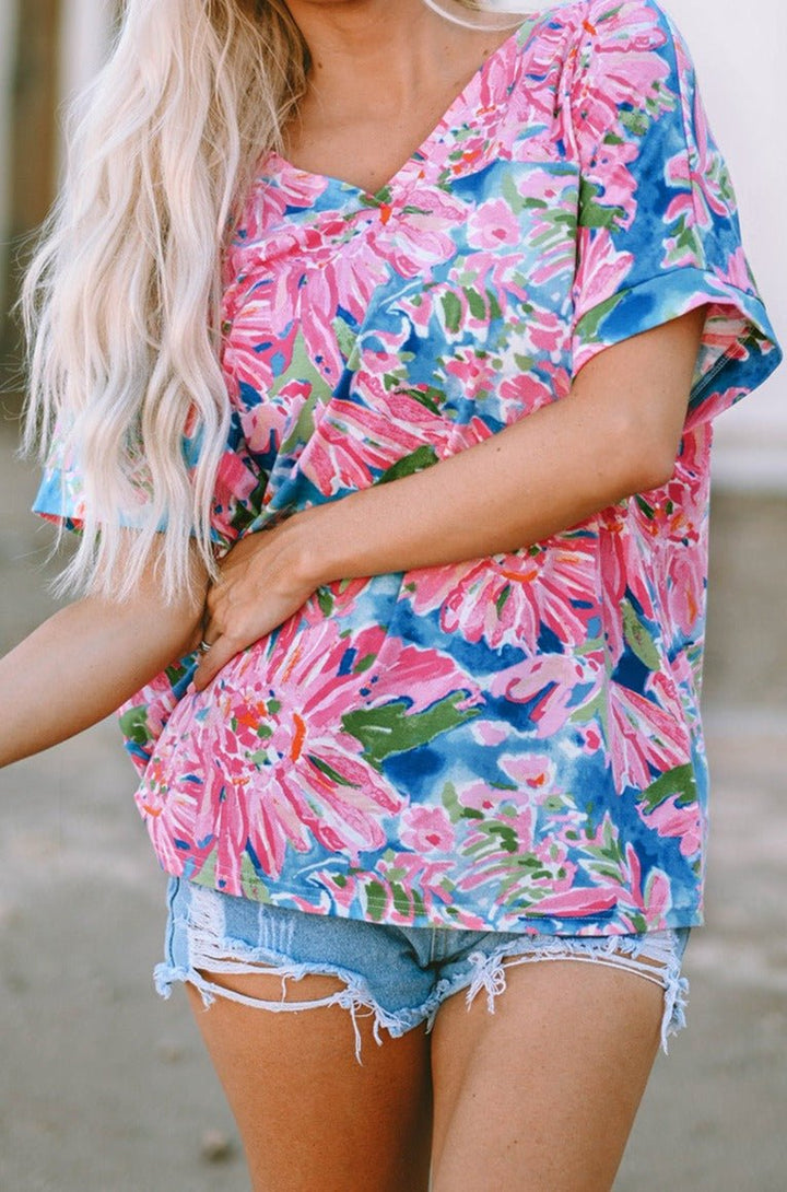 Ullaera Floral Print Loose Fit V Neck T Shirt - Rebel Nomad