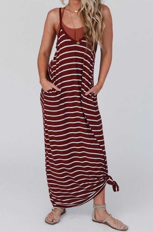 Umber Side Pockets Spaghetti Straps Maxi Dress - Rebel Nomad