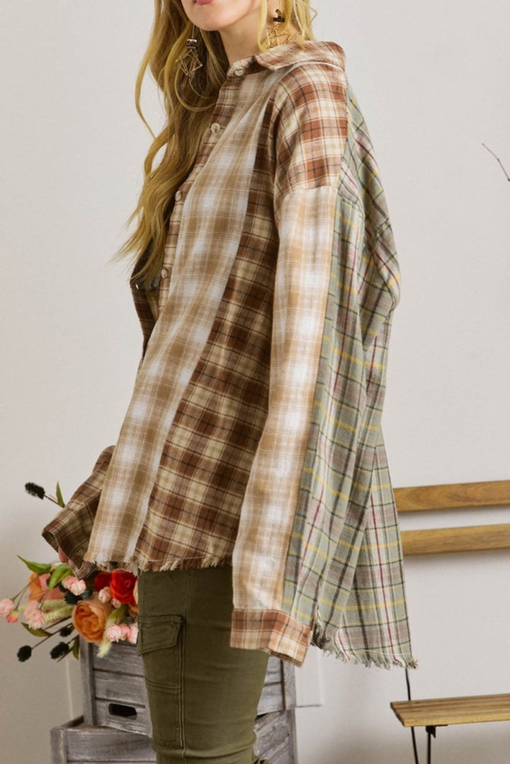 Uvella Multi Plaid Patchwork Raw Edge Casual Shirt - Rebel Nomad