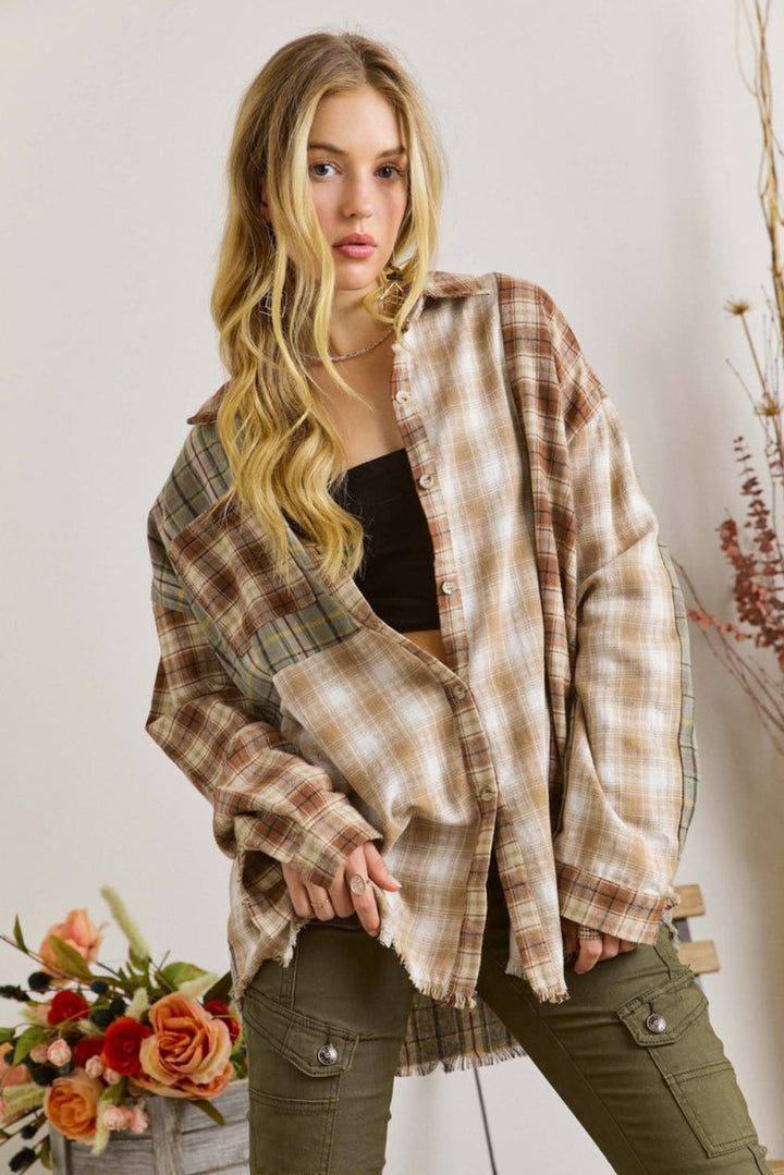 Uvella Multi Plaid Patchwork Raw Edge Casual Shirt - Rebel Nomad