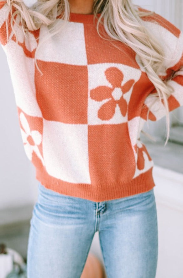 Vada Checkered Floral Print Striped Sleeve Sweater - Rebel Nomad