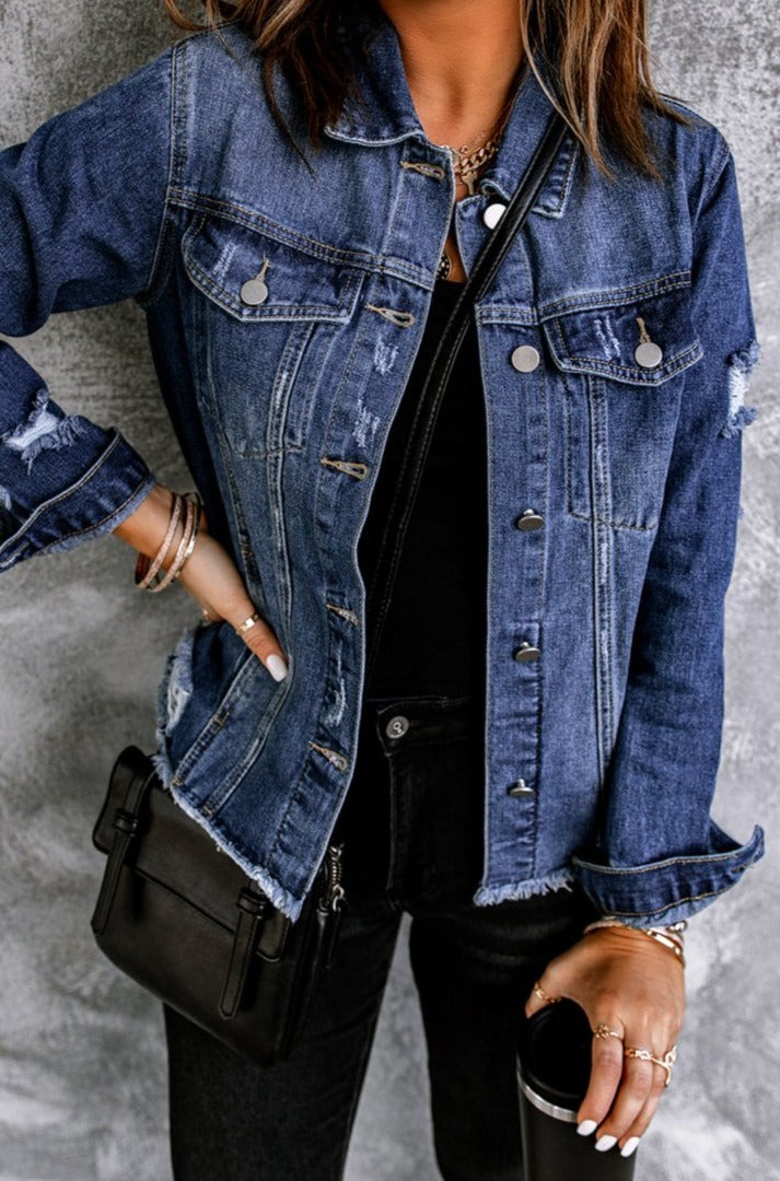 Verdora Lapel Distressed Raw Hem Buttons Denim Jacket - Rebel Nomad