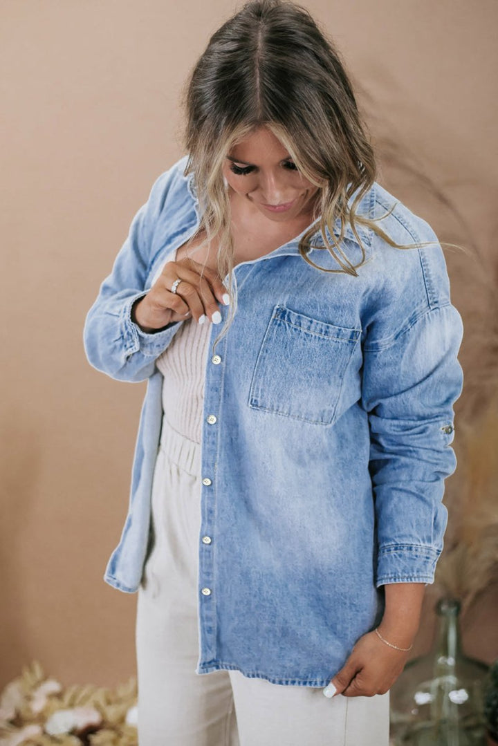 Verlie Plus-Size Chest Pocket Button-Up Denim Shacket - Rebel Nomad