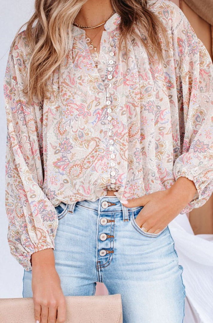 Verna Paisley Print Buttons Bubble Sleeve Blouse - Rebel Nomad