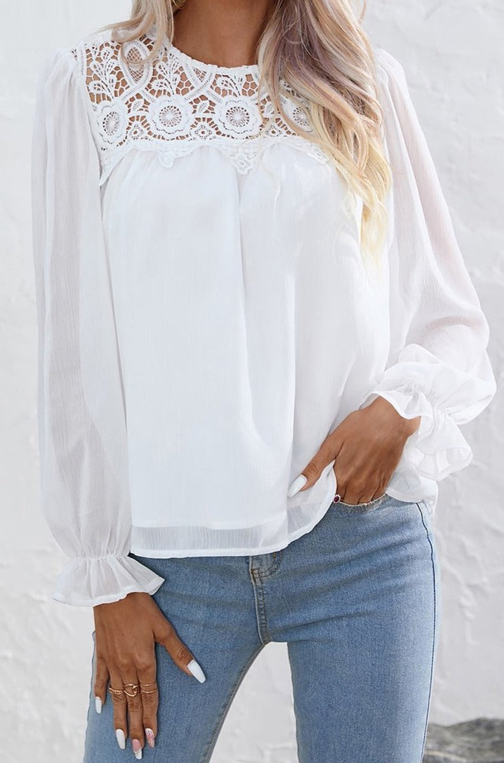 Vesperia Lace Patch Sheer Flounce Sleeve Blouse - Rebel Nomad