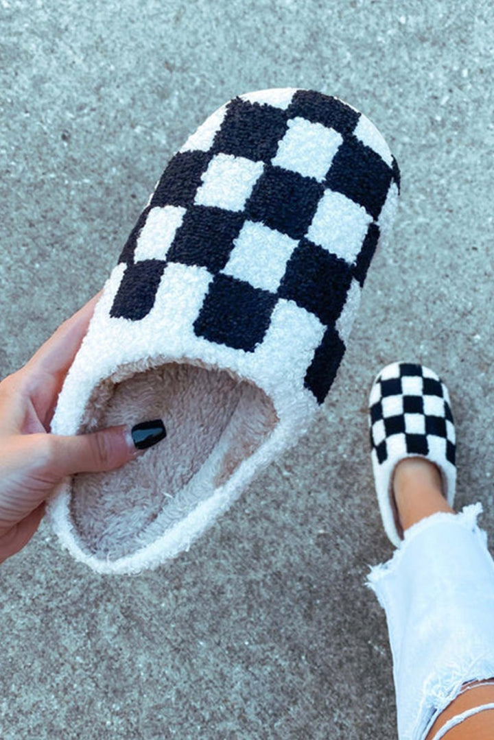 Violette Checkered Print Fuzzy Slip On Winter Slippers - Rebel Nomad