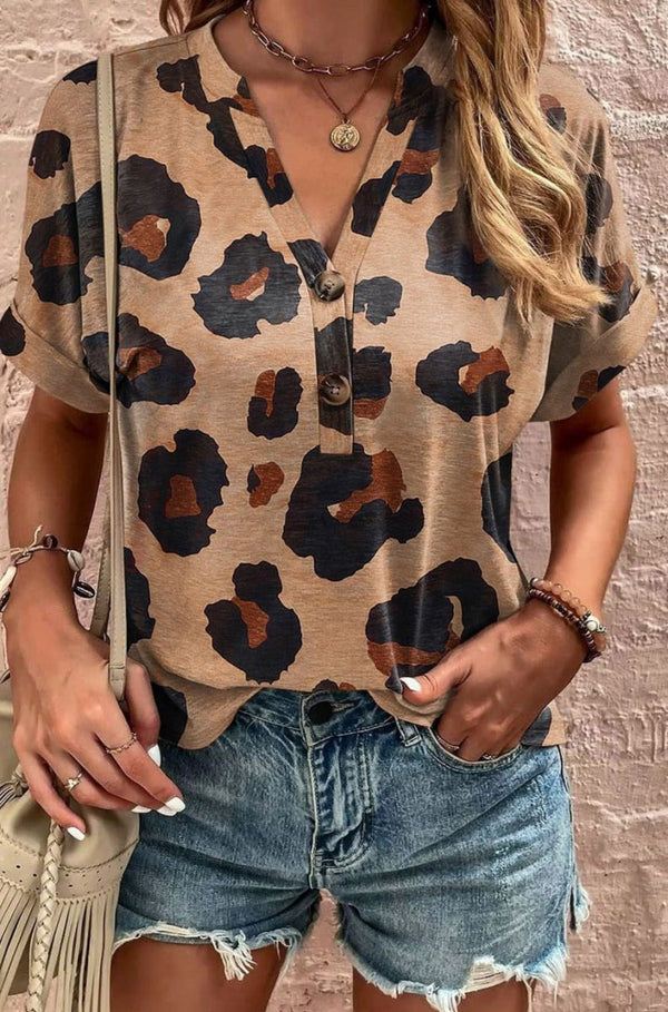 Virgo Leopard Folded Short Sleeve Buttoned V Neck Blouse - Rebel Nomad