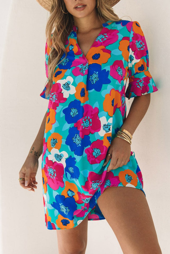 Viviana Split V Collar Ruffle Sleeve Floral Shift Dress - Rebel Nomad