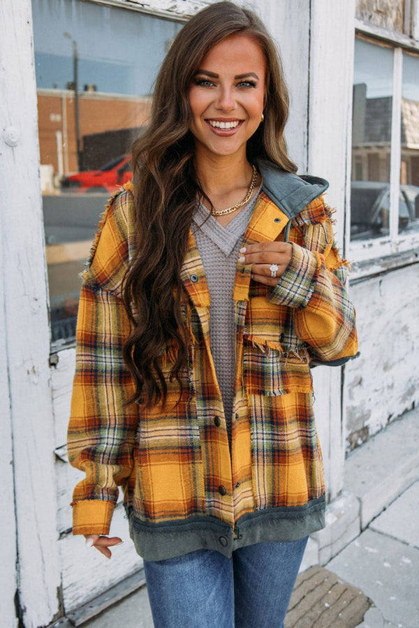 Vivianelle Plaid Patch Hooded Frayed Snap Button Jacket - Rebel Nomad