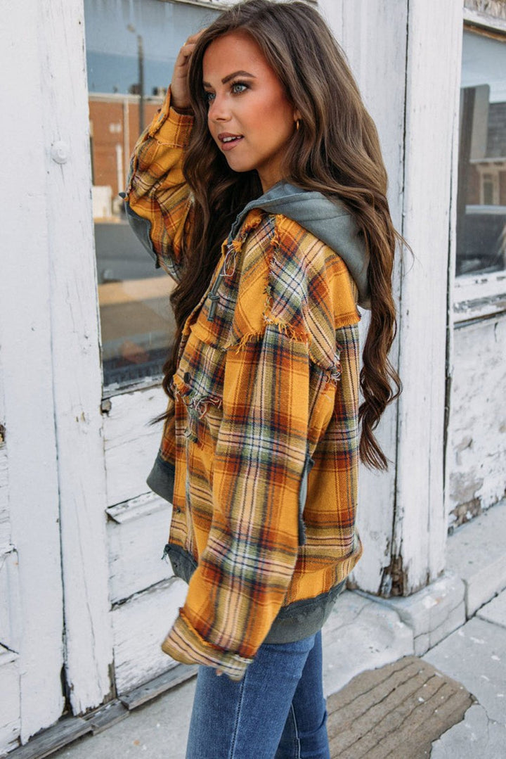 Vivianelle Plaid Patch Hooded Frayed Snap Button Jacket - Rebel Nomad