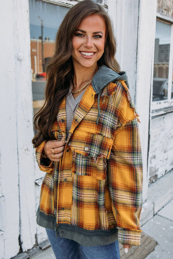 Vivianelle Plaid Patch Hooded Frayed Snap Button Jacket - Rebel Nomad