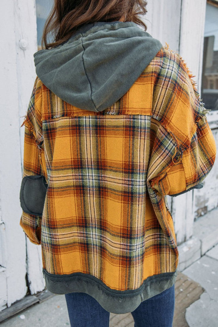 Vivianelle Plaid Patch Hooded Frayed Snap Button Jacket - Rebel Nomad