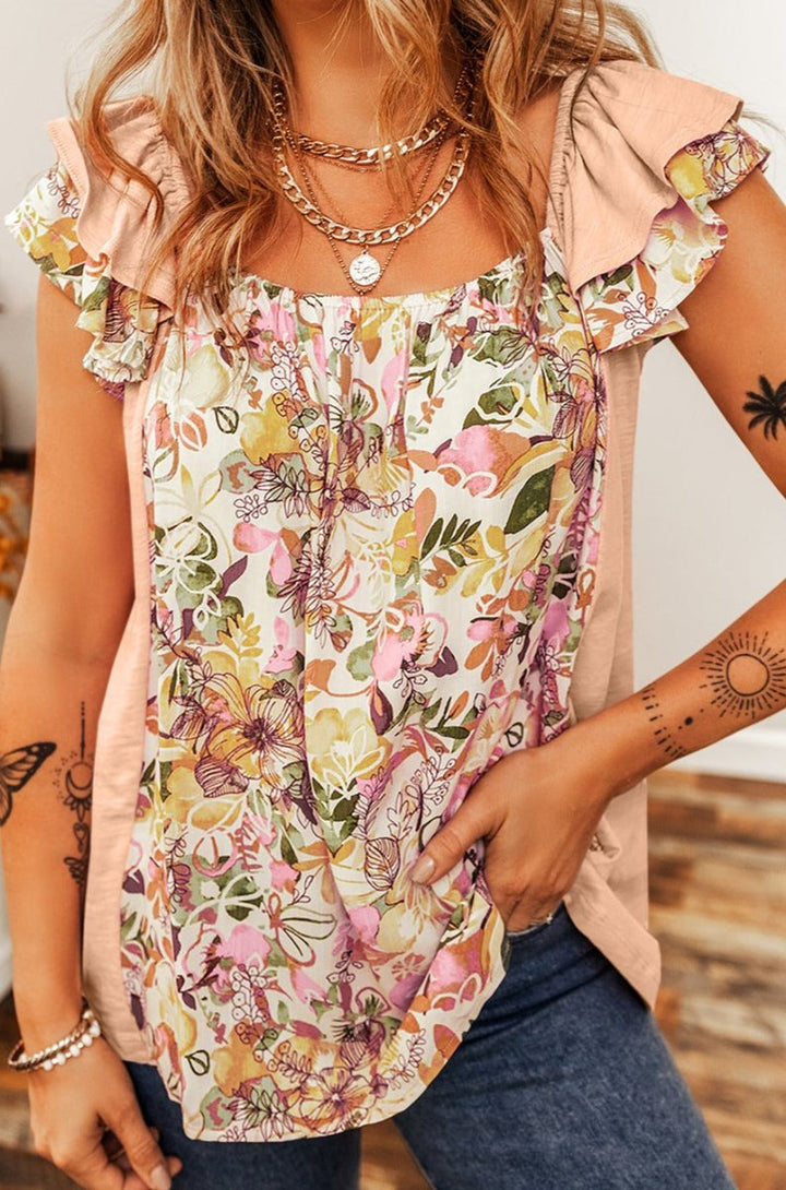 Vivica Floral Patchwork Square Neck Ruffle Sleeve Blouse - Rebel Nomad