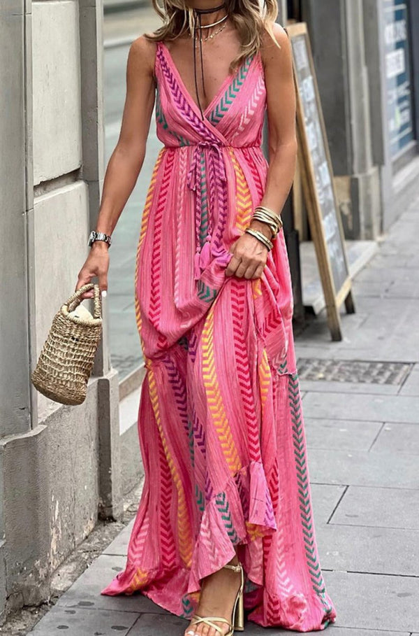 Vyra Western Printed Tassel Tie V Neck Wrap Maxi Dress - Rebel Nomad