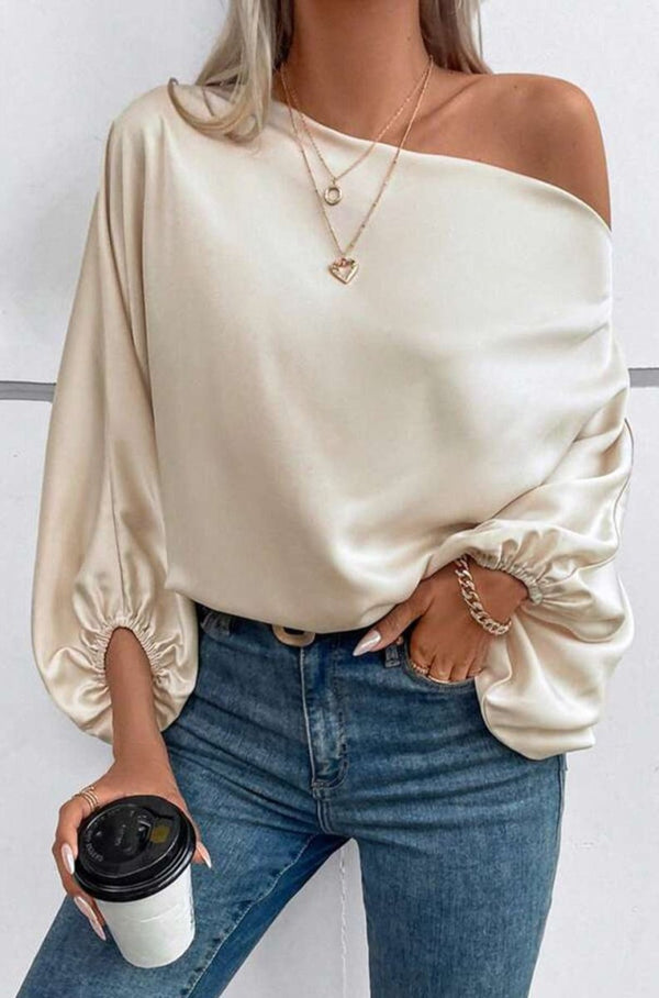 Vysta Asymmetrical Neck Balloon Sleeve Satin Blouse - Rebel Nomad