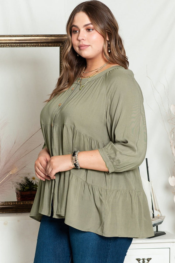 Wendie Plus-Size Ruffle Tiered Split Neck Shirt - Rebel Nomad