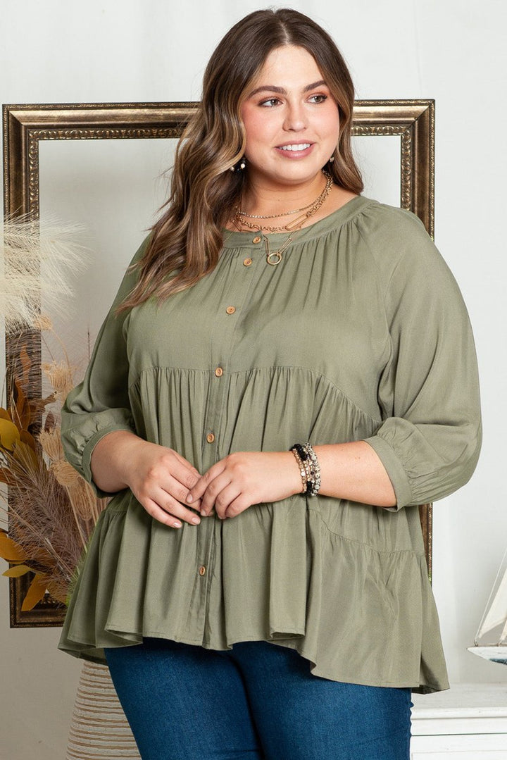 Wendie Plus-Size Ruffle Tiered Split Neck Shirt - Rebel Nomad