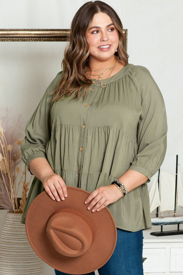 Wendie Plus-Size Ruffle Tiered Split Neck Shirt - Rebel Nomad