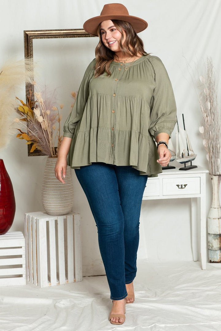 Wendie Plus-Size Ruffle Tiered Split Neck Shirt - Rebel Nomad