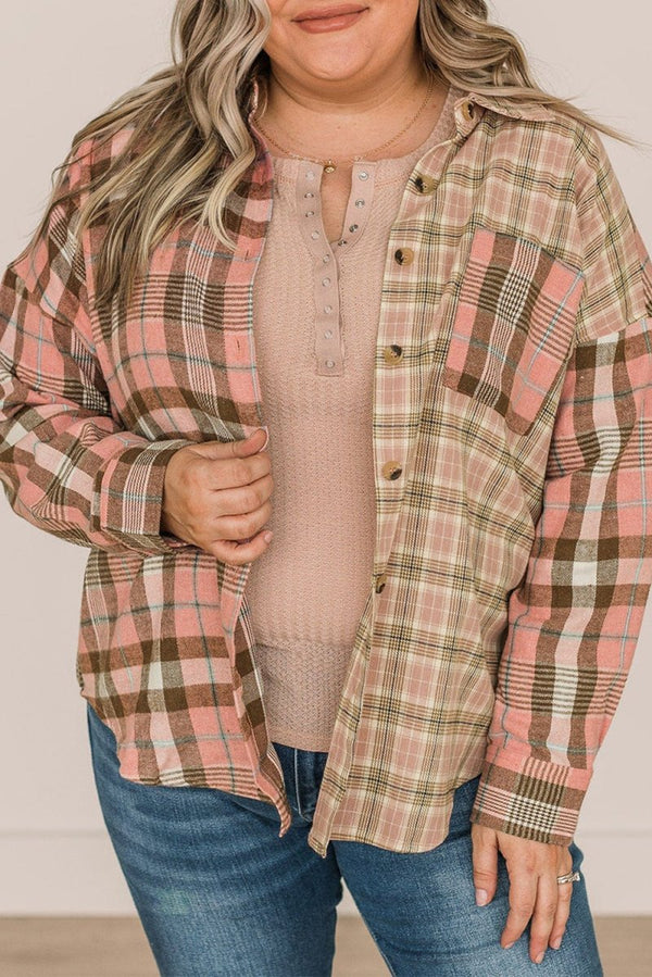 Wenona Plus-Size Color Block Plaid Long Sleeve Shirt with Pocket - Rebel Nomad