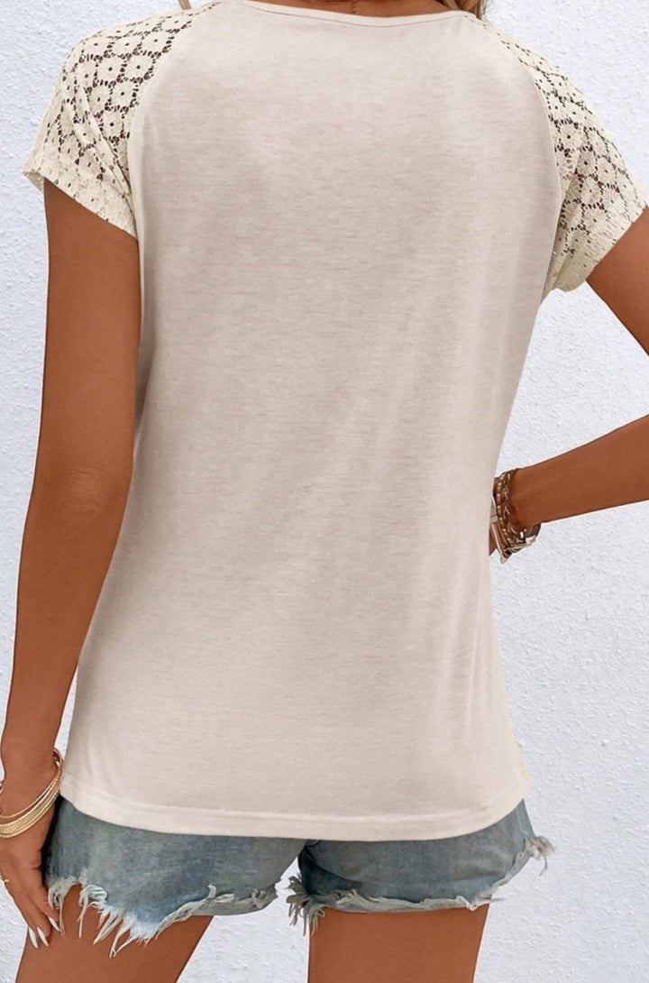 White Contrast Lace Sleeve Keyhole Decor Top - Rebel Nomad