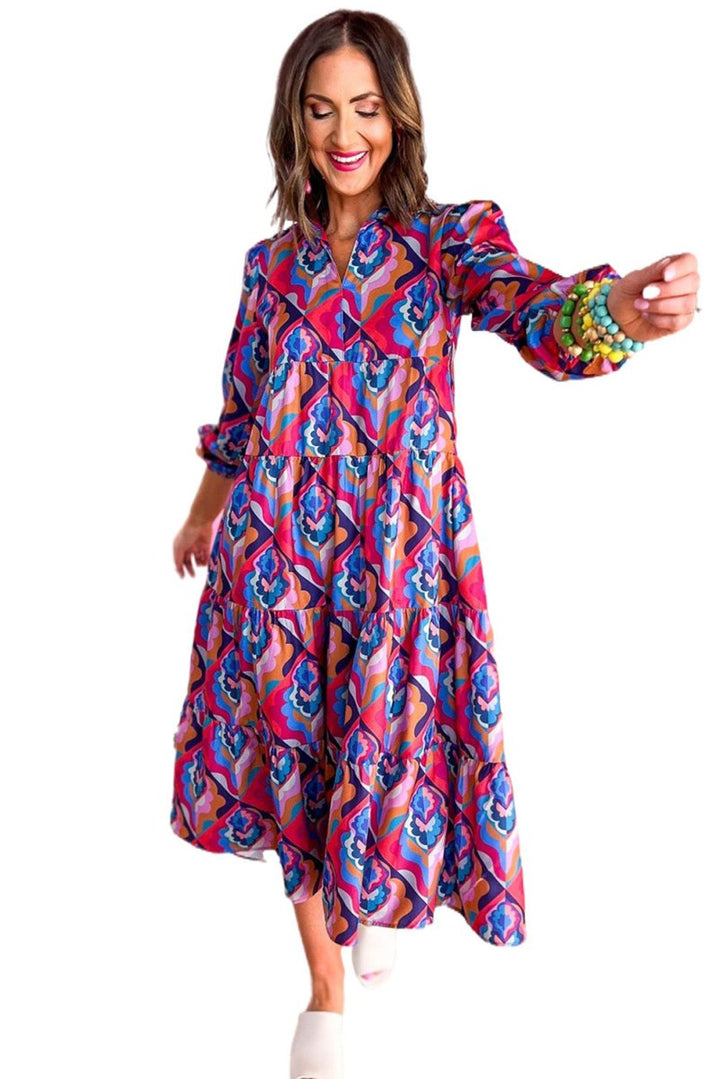 Wildrose Abstract Geometric Print Long Sleeve High Waist Dress - Rebel Nomad