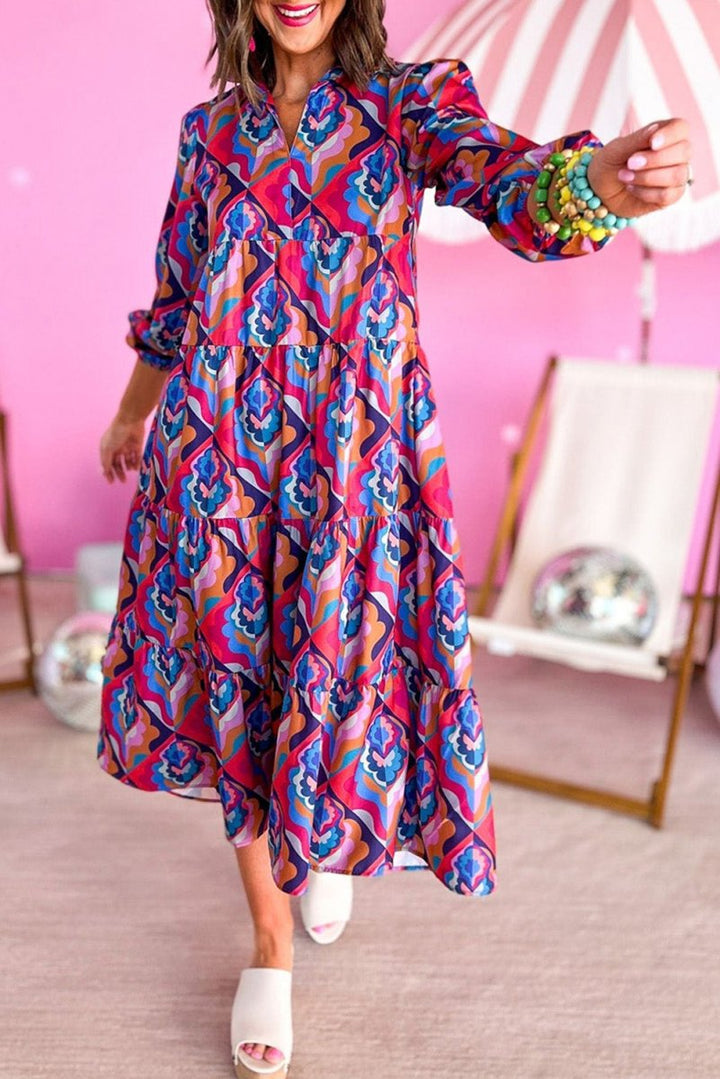 Wildrose Abstract Geometric Print Long Sleeve High Waist Dress - Rebel Nomad