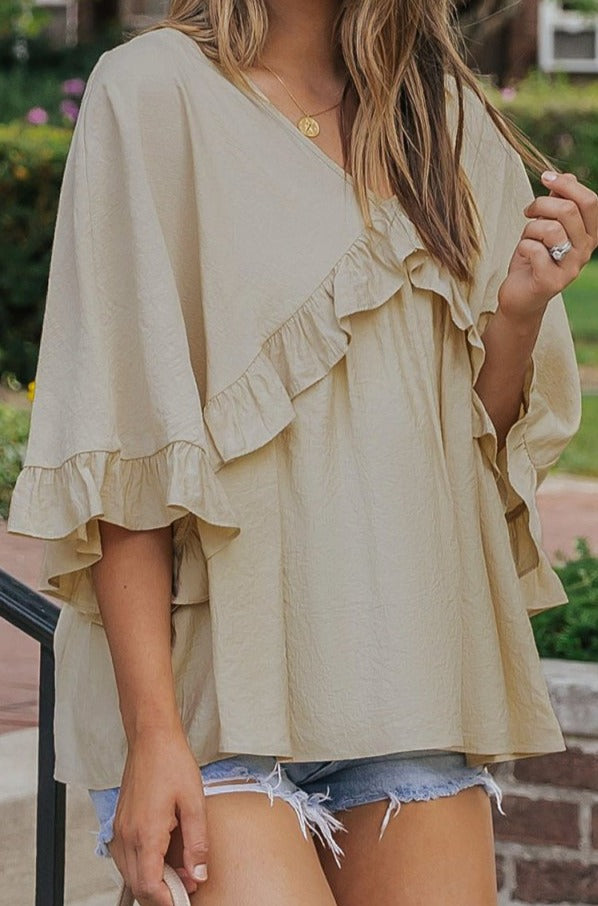 Willowind V Neck Draped Batwing Sleeve Ruffle Top - Rebel Nomad