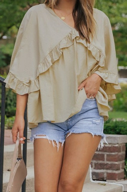 Willowind V Neck Draped Batwing Sleeve Ruffle Top - Rebel Nomad