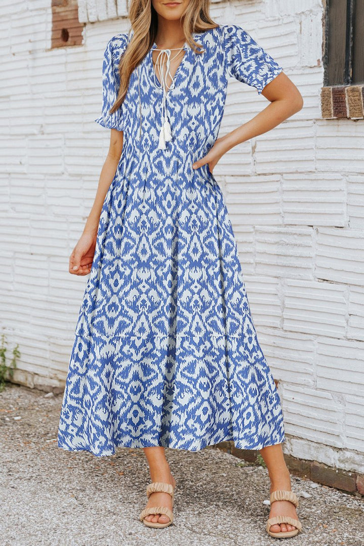 Wisteria Sky Blue V Neck Casual Geometric Print Maxi Dress - Rebel Nomad