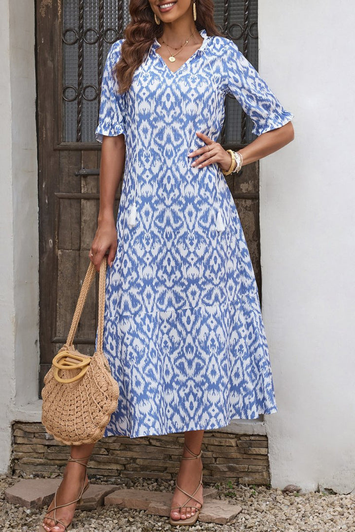 Wisteria Sky Blue V Neck Casual Geometric Print Maxi Dress - Rebel Nomad