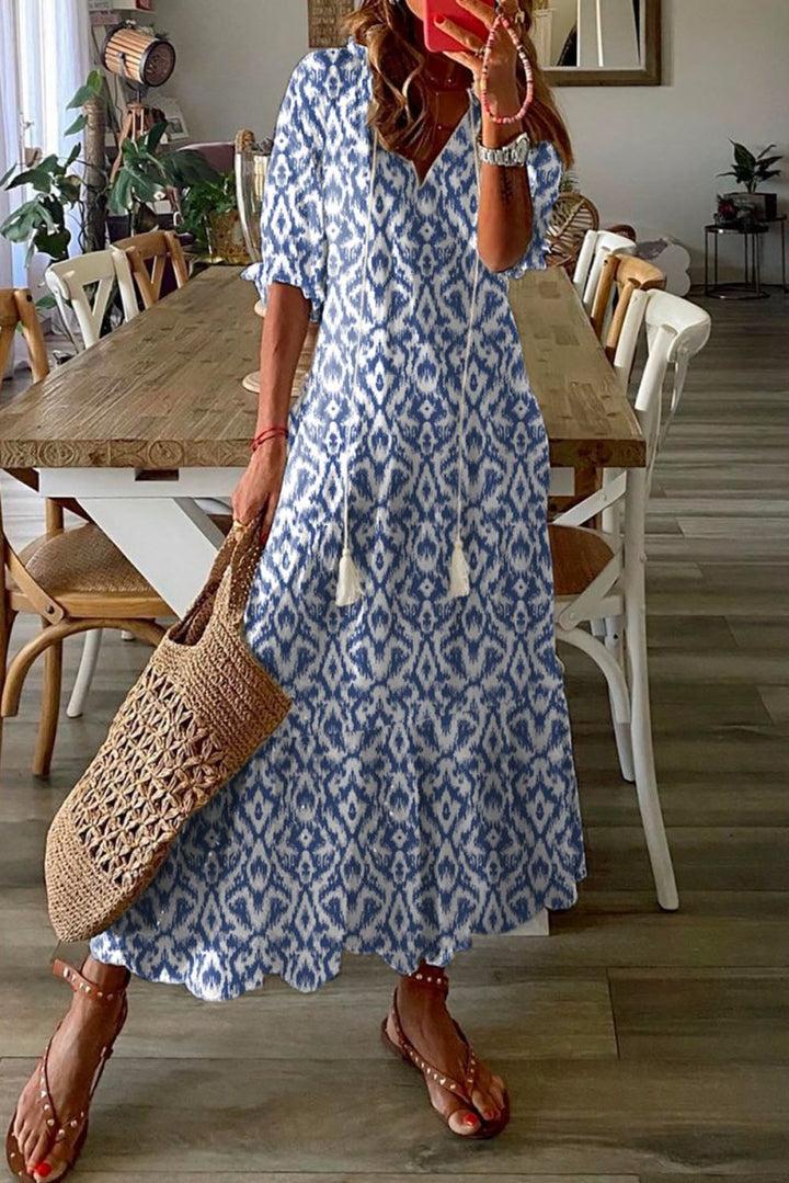 Wisteria Sky Blue V Neck Casual Geometric Print Maxi Dress - Rebel Nomad