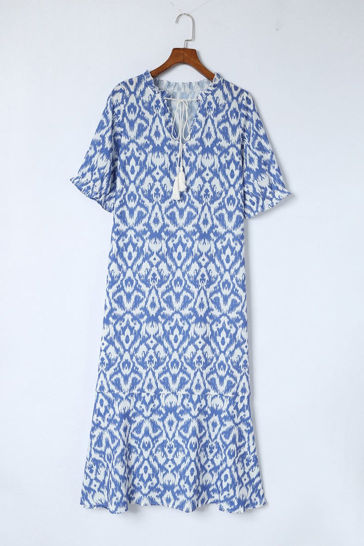 Wisteria Sky Blue V Neck Casual Geometric Print Maxi Dress - Rebel Nomad