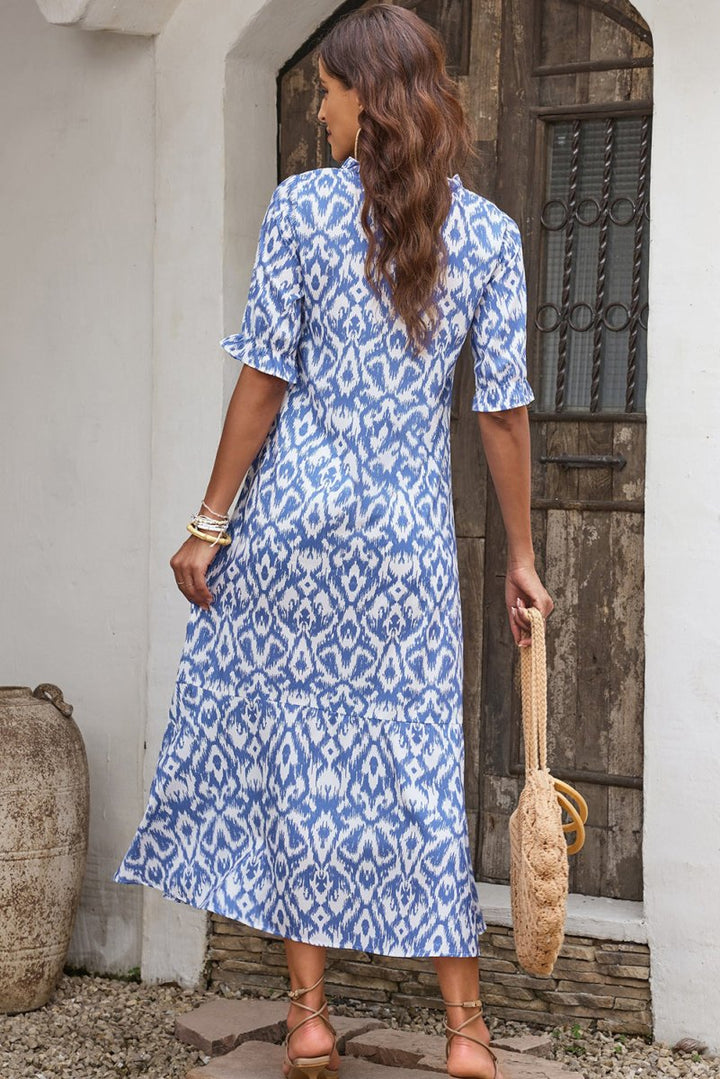 Wisteria Sky Blue V Neck Casual Geometric Print Maxi Dress - Rebel Nomad