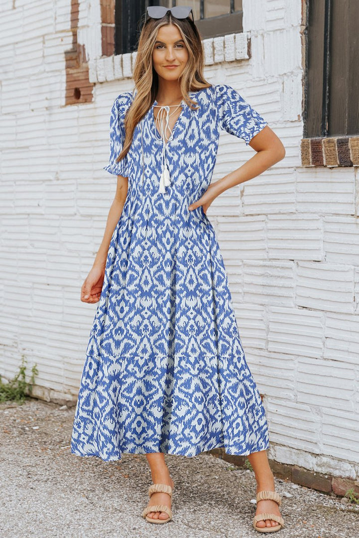 Wisteria Sky Blue V Neck Casual Geometric Print Maxi Dress - Rebel Nomad