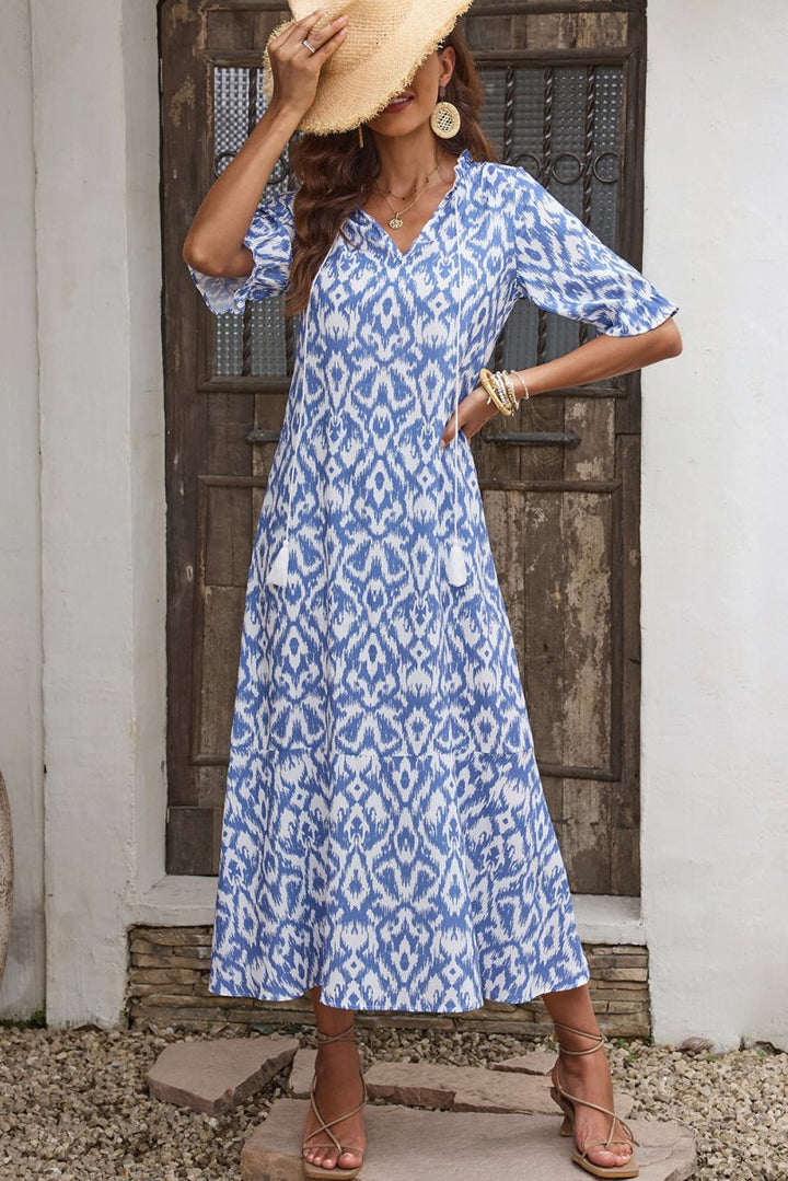 Wisteria Sky Blue V Neck Casual Geometric Print Maxi Dress - Rebel Nomad