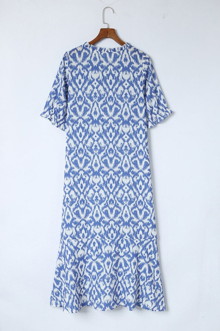 Wisteria Sky Blue V Neck Casual Geometric Print Maxi Dress - Rebel Nomad