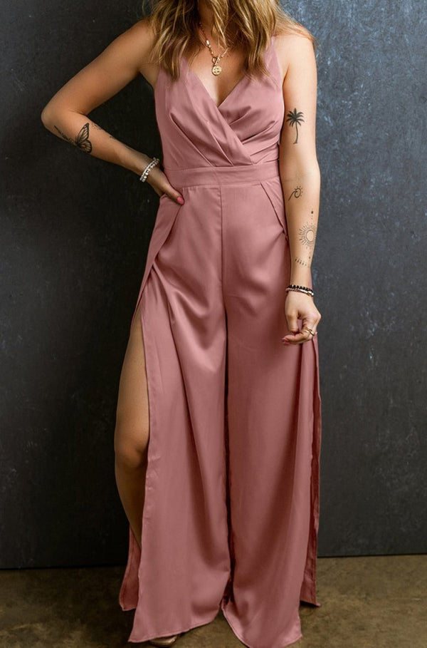 Wyth Satin Spaghetti Strap Surplice Split Wide Leg Jumpsuit - Rebel Nomad