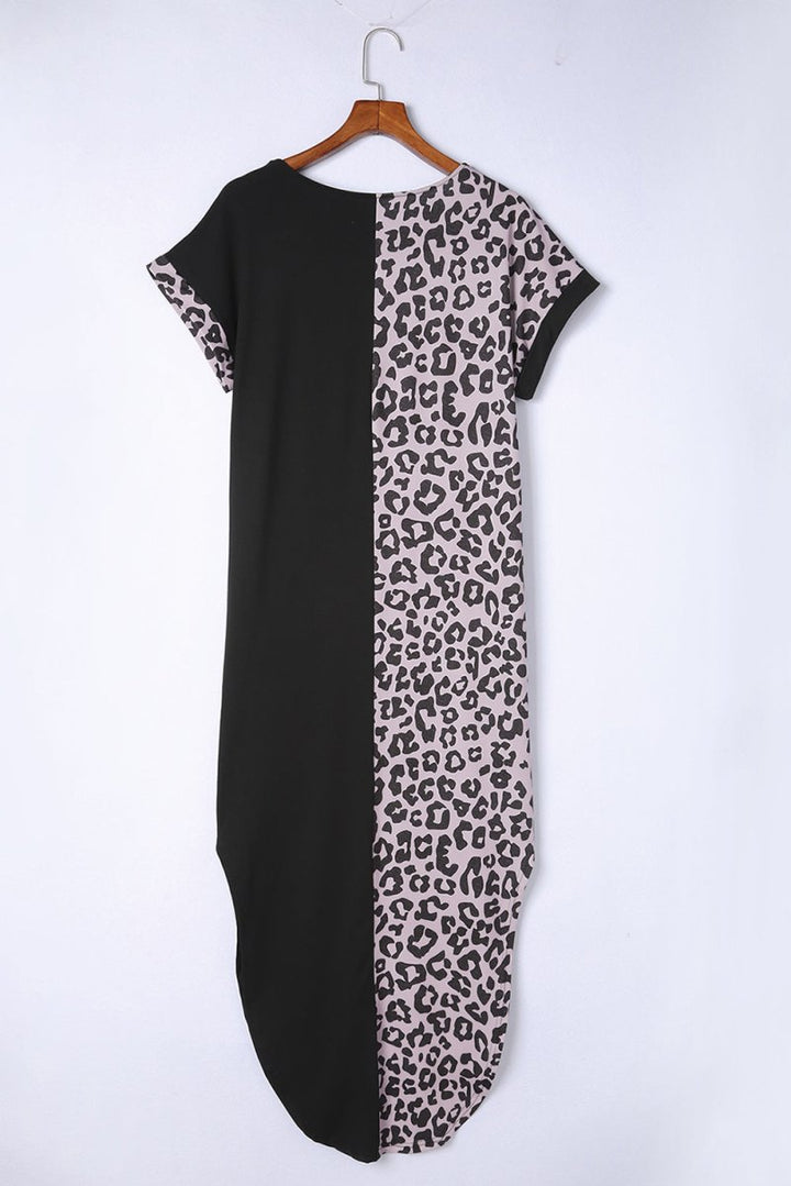 Xyra Contrast Solid Leopard Short Sleeve T-shirt Dress with Slits - Rebel Nomad