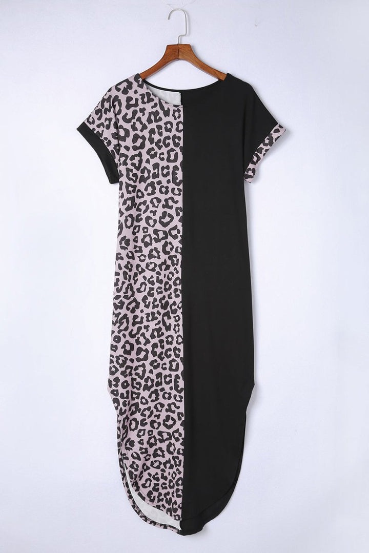 Xyra Contrast Solid Leopard Short Sleeve T-shirt Dress with Slits - Rebel Nomad