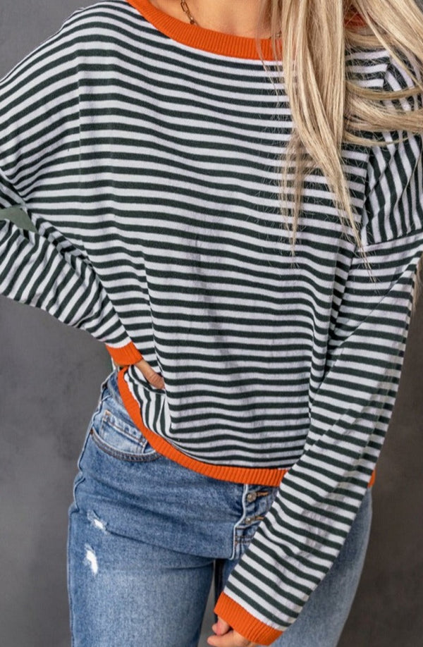 Ystra Trimmed Striped Drop Shoulder Sweater - Rebel Nomad