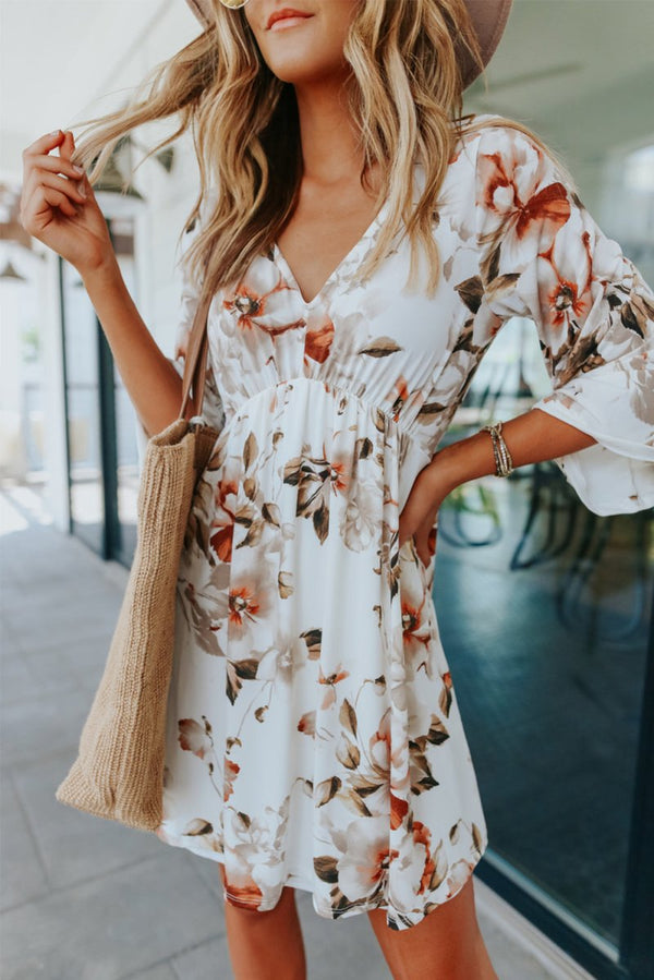 Zaynab V Neck 3/4 Sleeve Floral Dress - Rebel Nomad